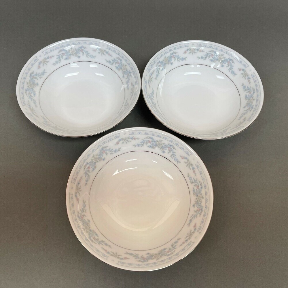 Somerset NL Excel Soup Cereal Bowl Floral White Blue Platinum Trim Lot of 3